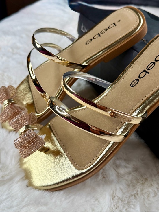 bebe Shoes - bebe Gold Metallic Bow Slide Sandals